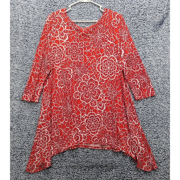Clara Sun Woo Sharkbite Hem Tunic Top Size LG Floral Lightweight Boho USA Red - Picture 2 of 10